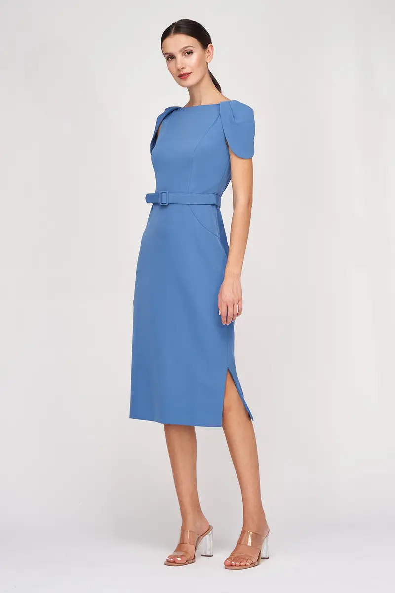 Deep Sky Stretch Crepe Midi Dress with Petal Sleeves