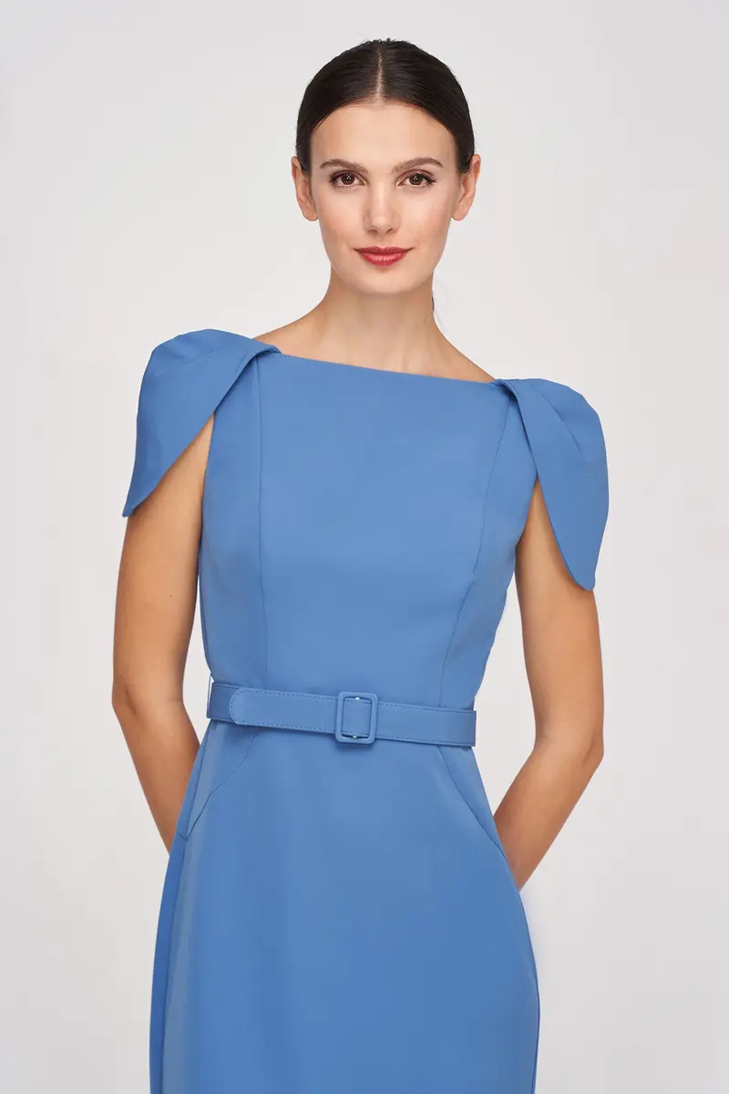 Deep Sky Stretch Crepe Midi Dress with Petal Sleeves