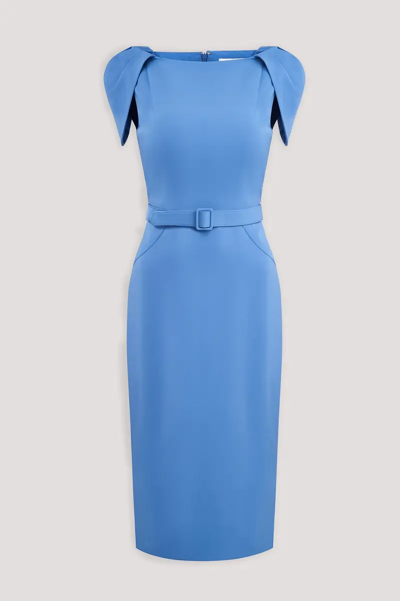 Deep Sky Stretch Crepe Midi Dress with Petal Sleeves
