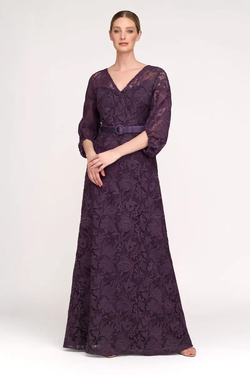 Delaney Iris Lace High-Low Gown with Bishop Sleeves