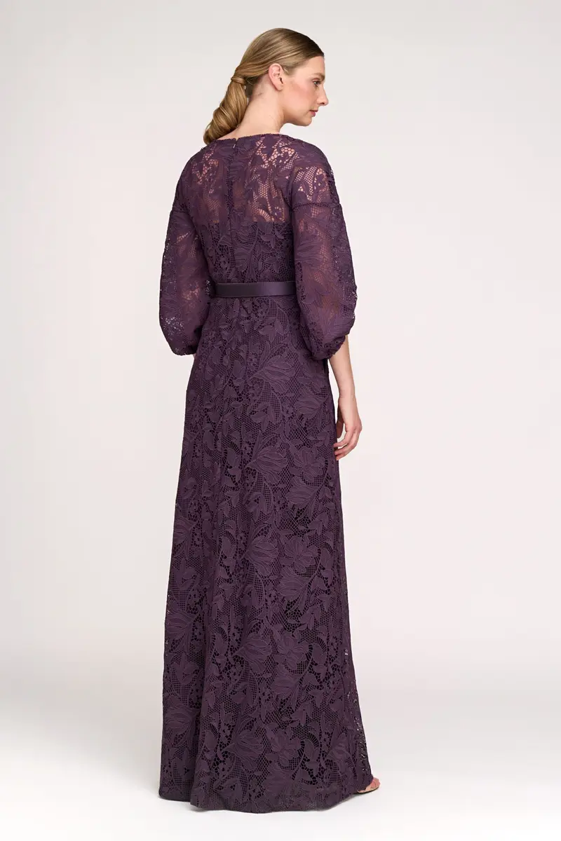Delaney Iris Lace High-Low Gown with Bishop Sleeves