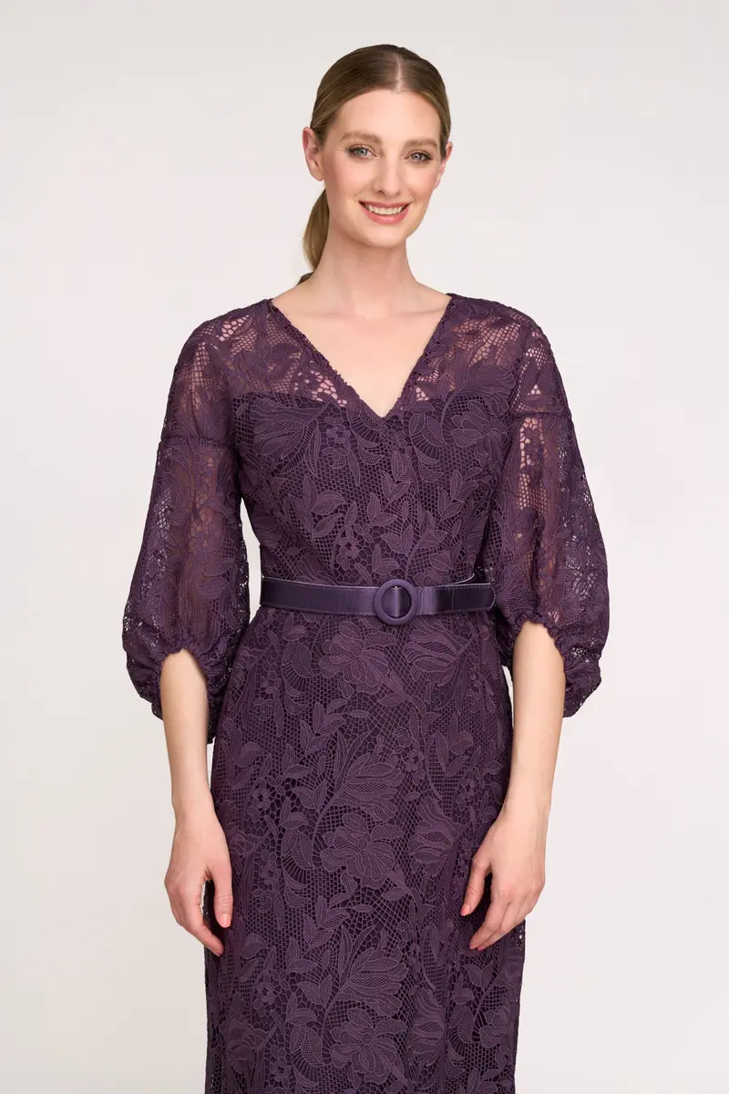 Delaney Iris Lace High-Low Gown with Bishop Sleeves