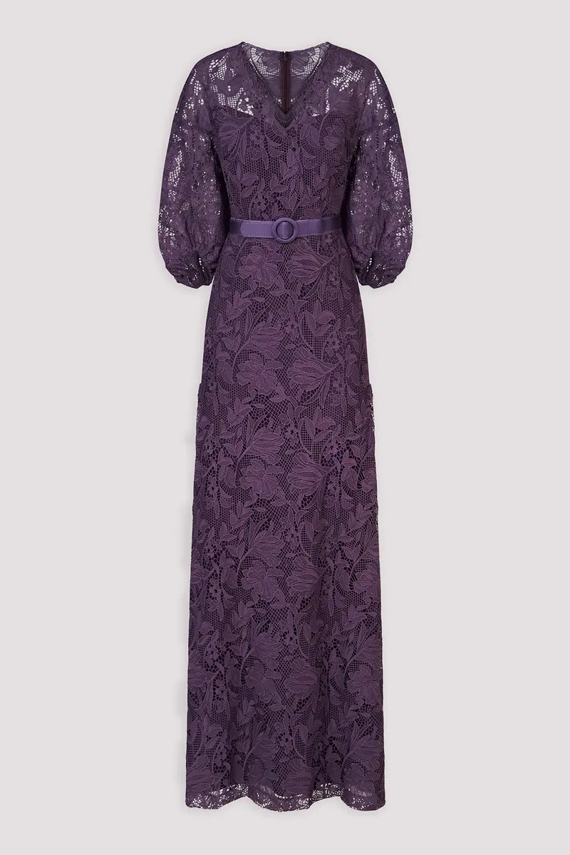 Delaney Iris Lace High-Low Gown with Bishop Sleeves