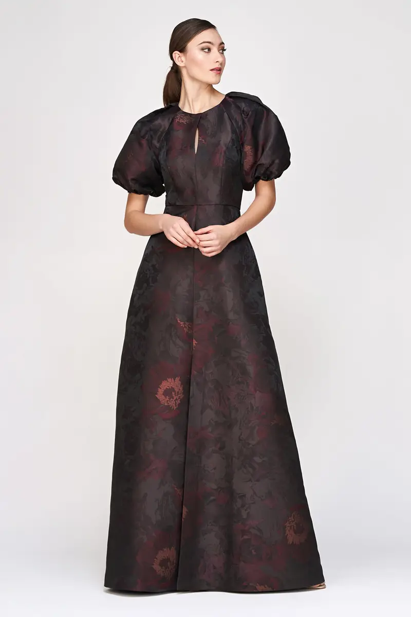 Delfina Metallic Jacquard Ball Gown with Puff Sleeves
