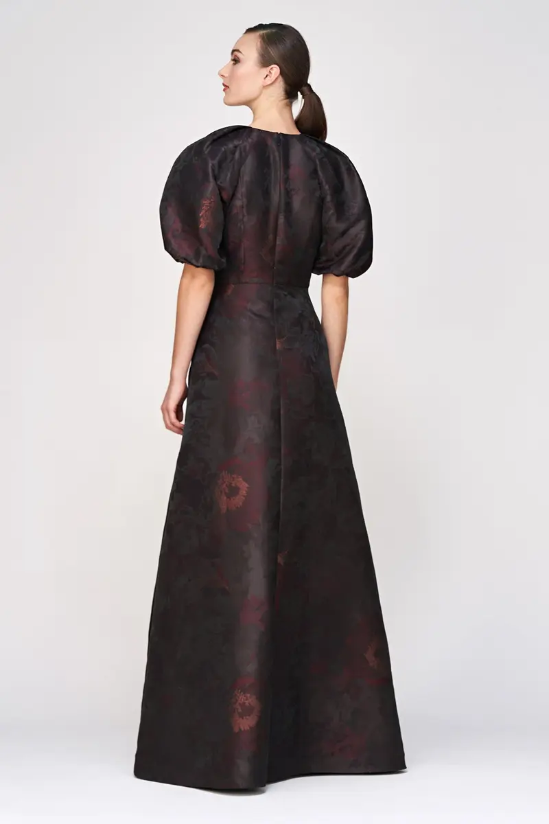 Delfina Metallic Jacquard Ball Gown with Puff Sleeves