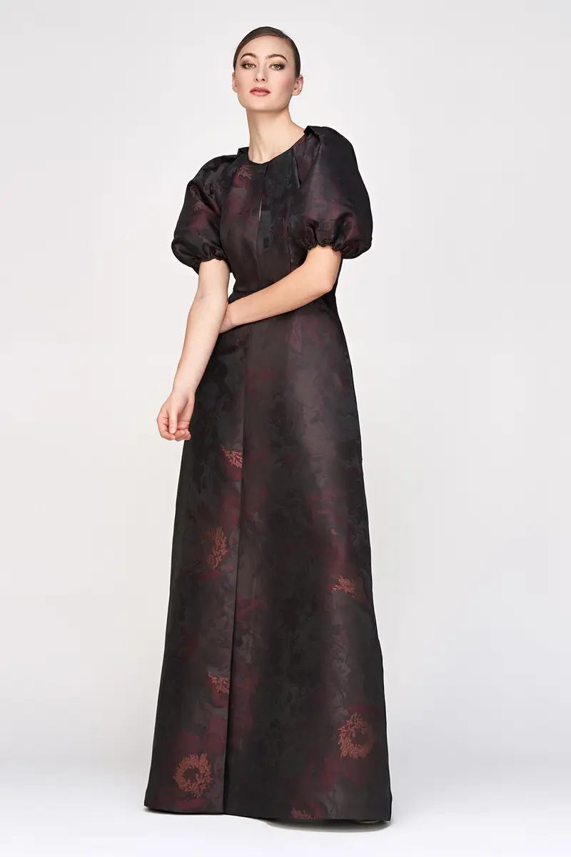Delfina Metallic Jacquard Ball Gown with Puff Sleeves