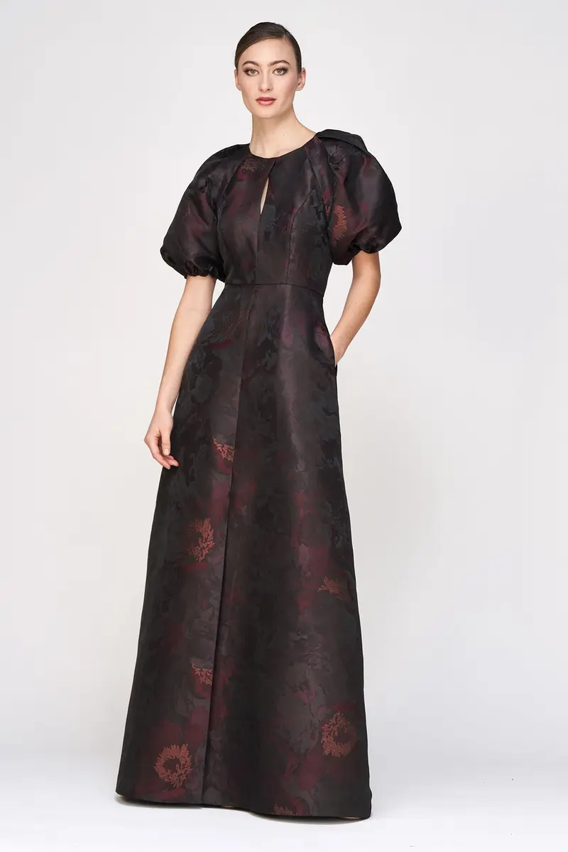 Delfina Metallic Jacquard Ball Gown with Puff Sleeves