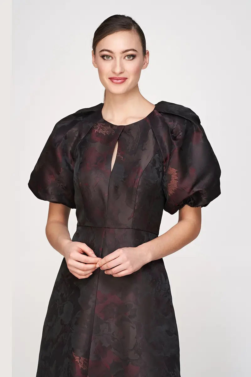 Delfina Metallic Jacquard Ball Gown with Puff Sleeves