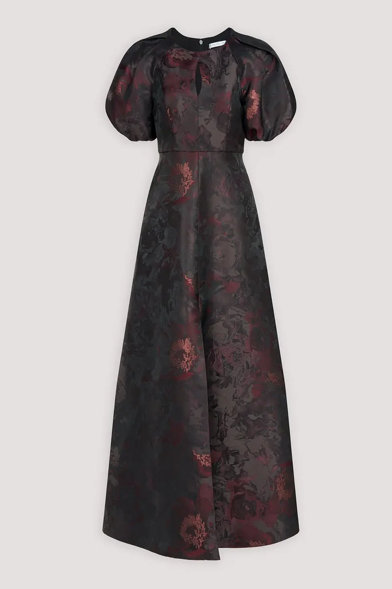 Delfina Metallic Jacquard Ball Gown with Puff Sleeves