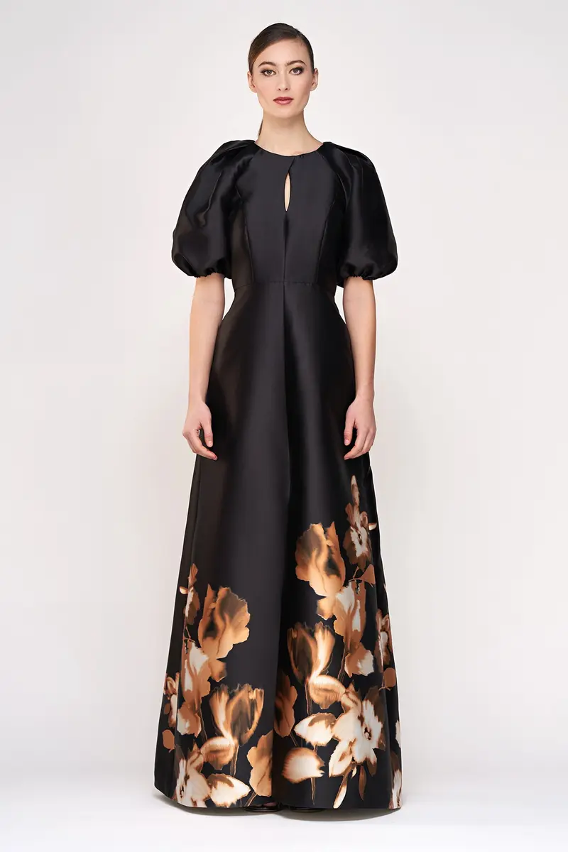Delfina Tulip-Print Mikado Ball Gown with Puff Sleeves