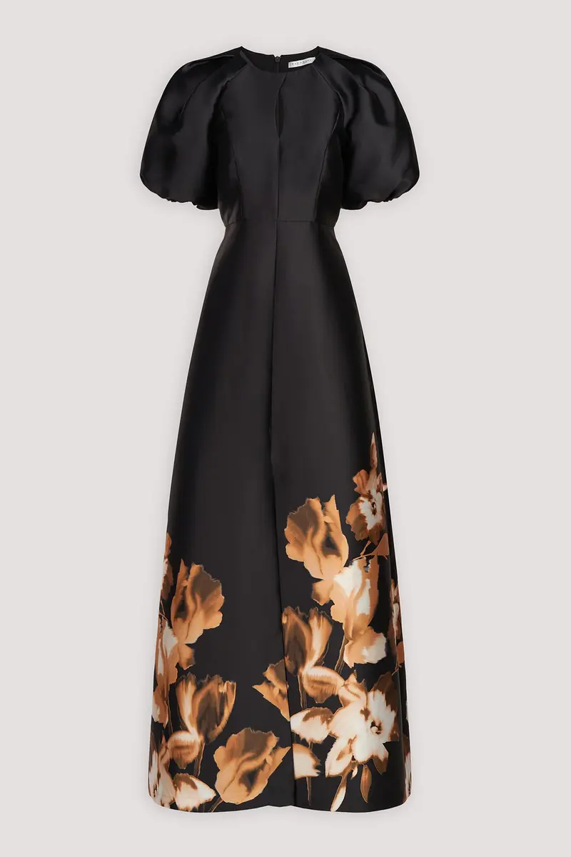 Delfina Tulip-Print Mikado Ball Gown with Puff Sleeves