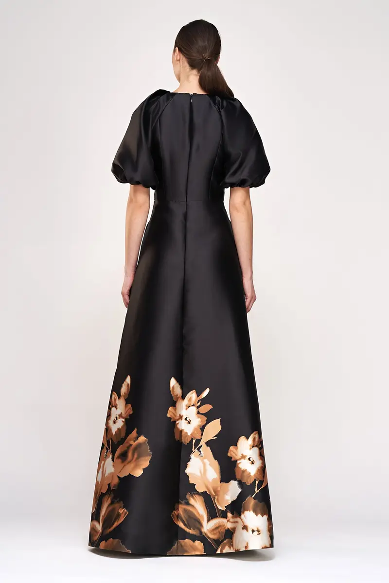 Delfina Tulip-Print Mikado Ball Gown with Puff Sleeves