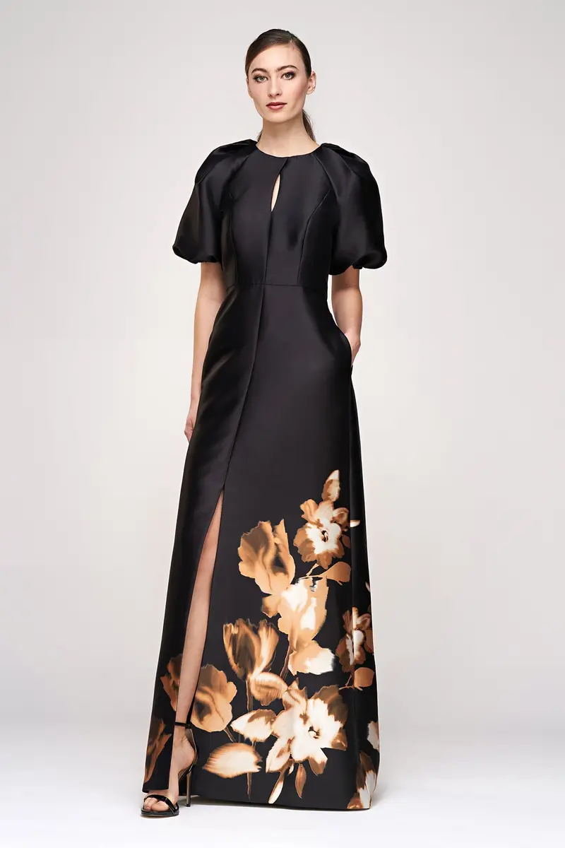 Delfina Tulip-Print Mikado Ball Gown with Puff Sleeves