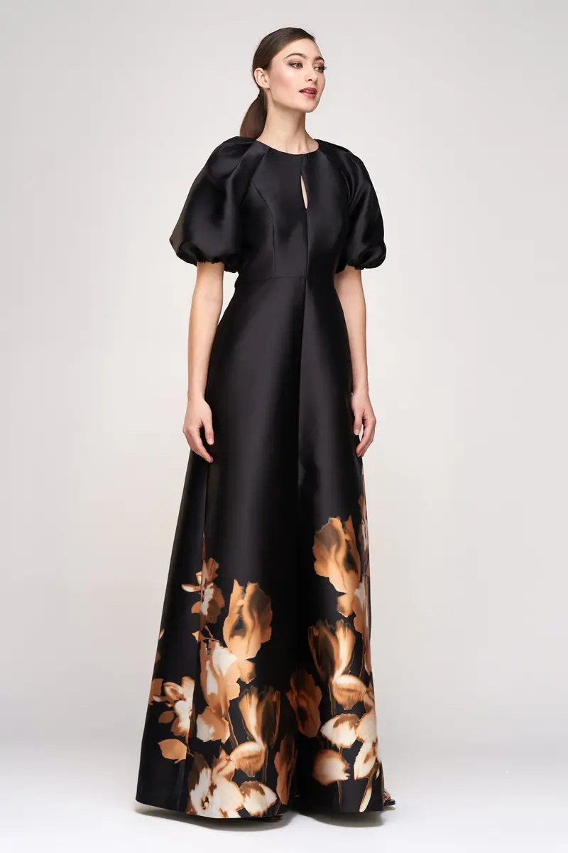 Delfina Tulip-Print Mikado Ball Gown with Puff Sleeves