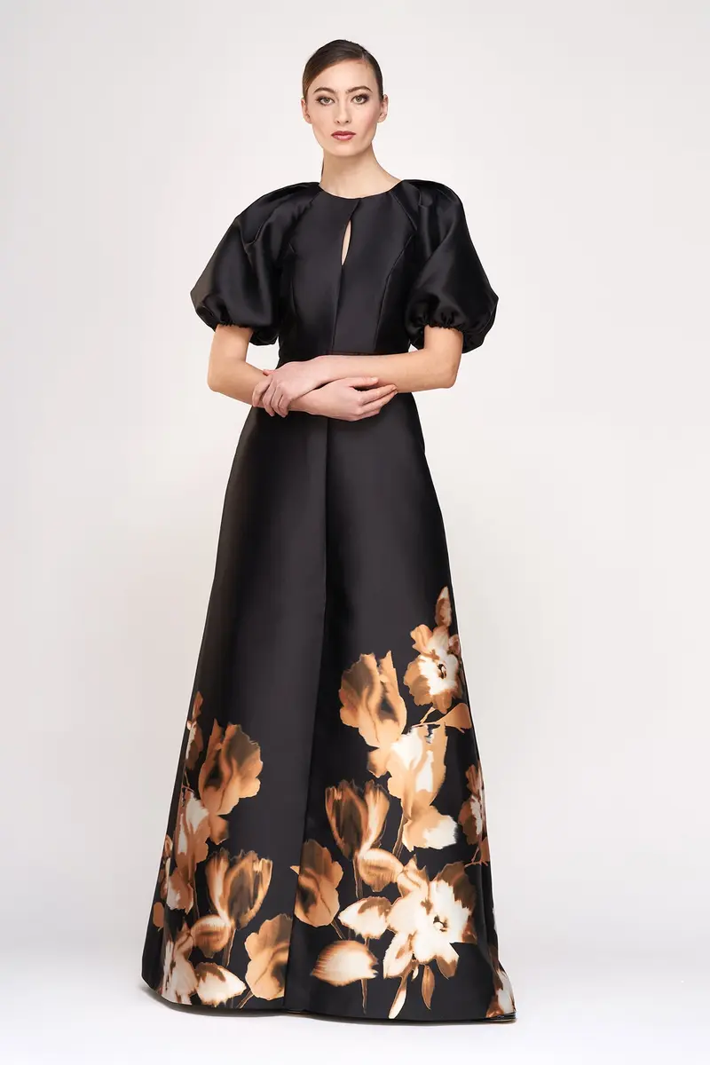 Delfina Tulip-Print Mikado Ball Gown with Puff Sleeves