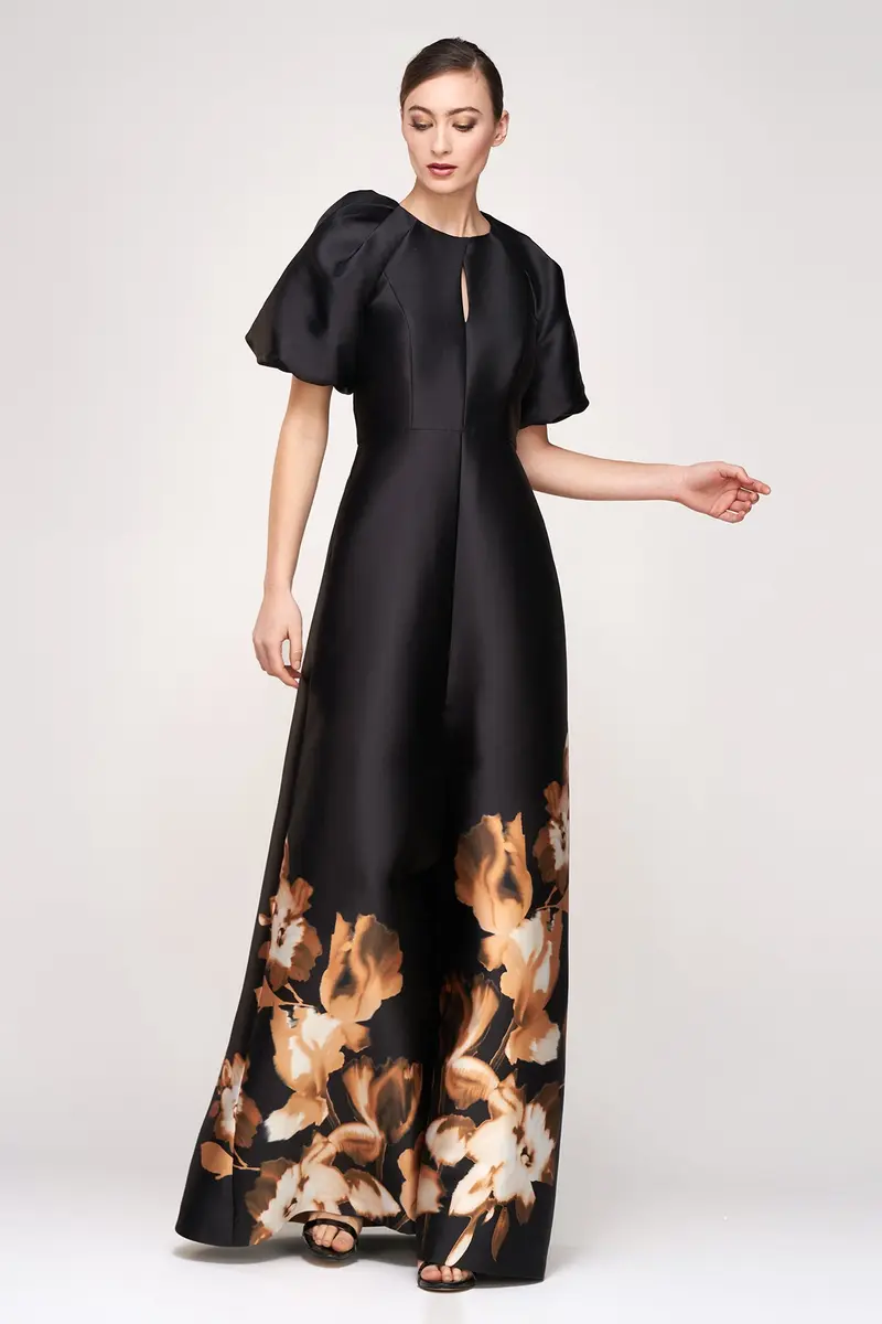 Delfina Tulip-Print Mikado Ball Gown with Puff Sleeves