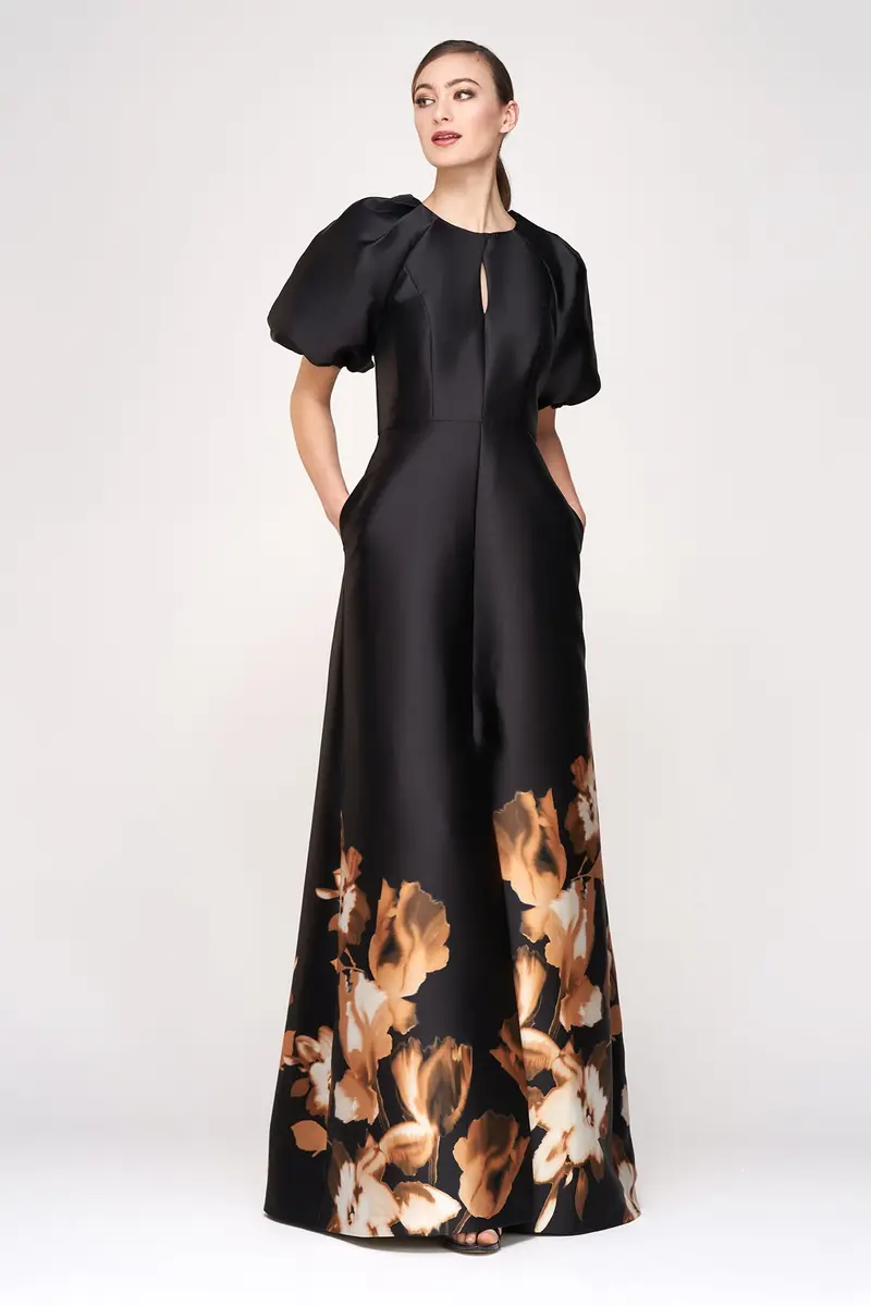 Delfina Tulip-Print Mikado Ball Gown with Puff Sleeves