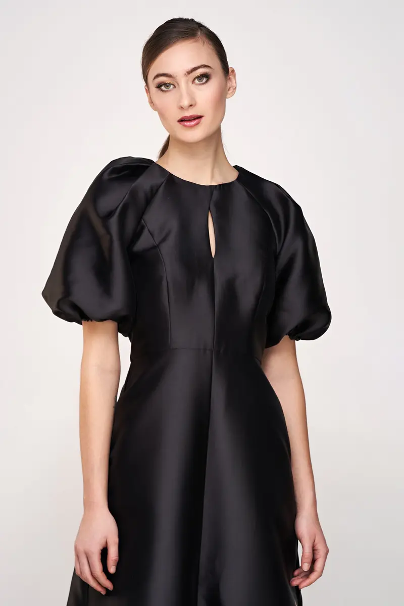 Delfina Tulip-Print Mikado Ball Gown with Puff Sleeves