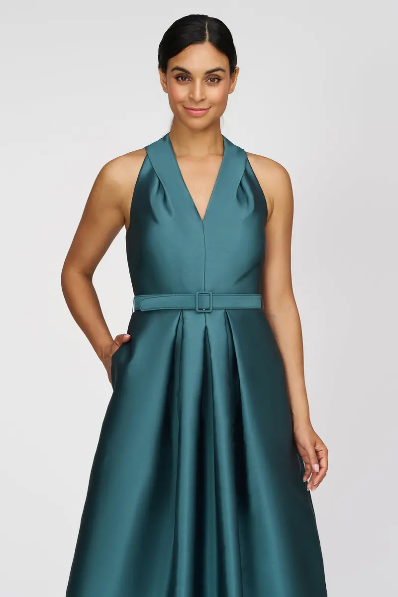 Elegant Duchess Satin Tea-Length Halter Dress