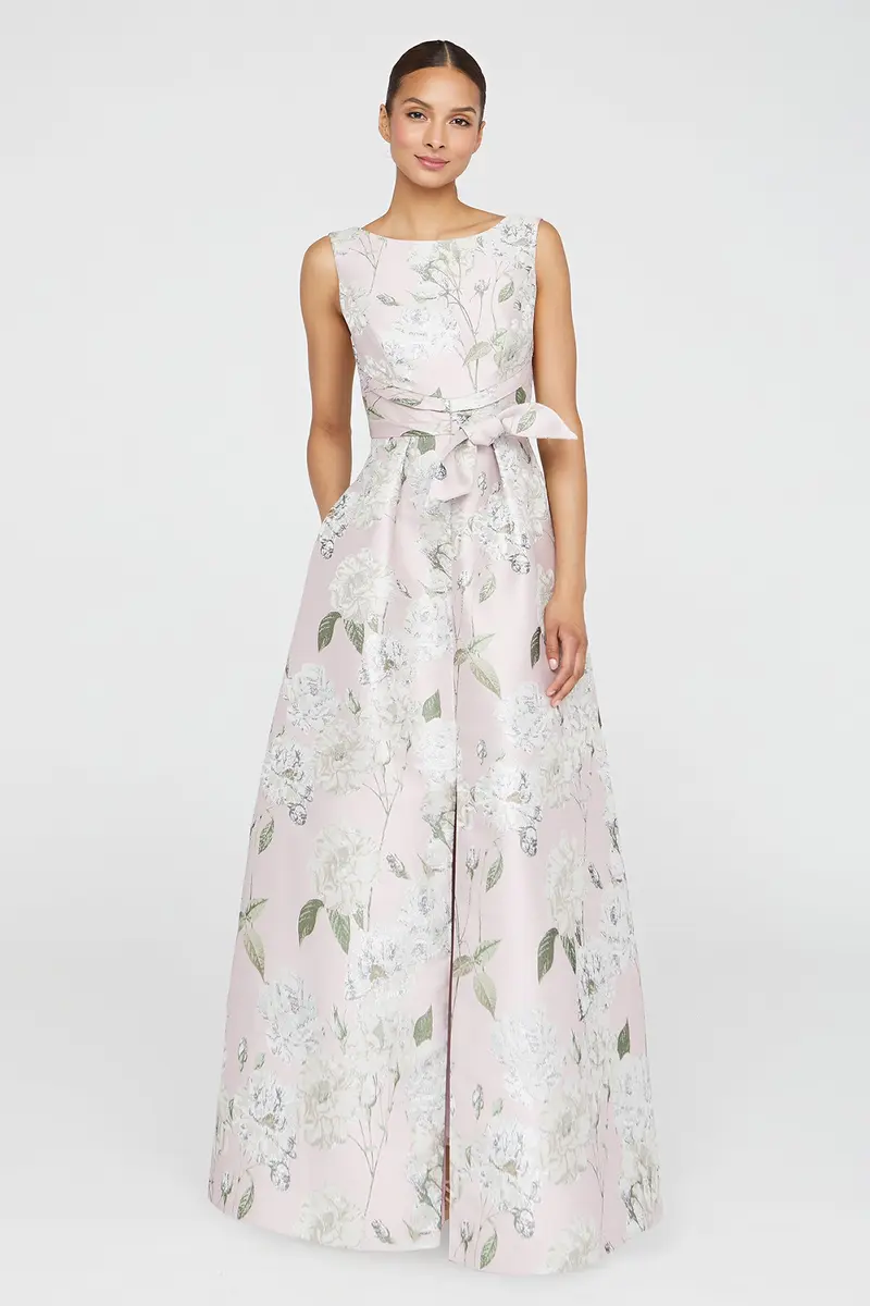 Elegant Gold Floral Jacquard Ball Gown with Bateau Neckline