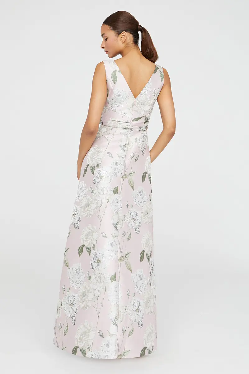 Elegant Gold Floral Jacquard Ball Gown with Bateau Neckline
