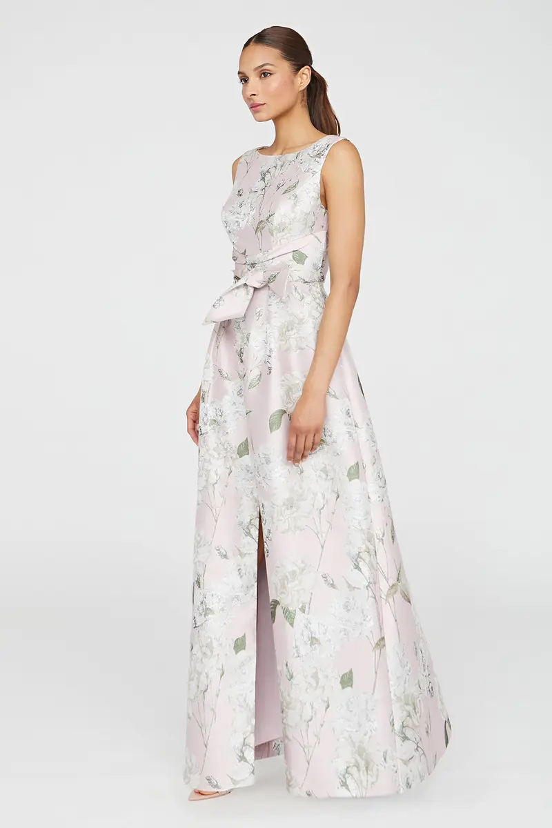 Elegant Gold Floral Jacquard Ball Gown with Bateau Neckline