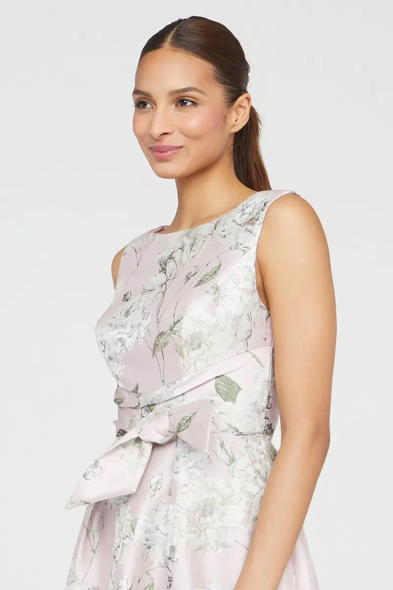 Elegant Gold Floral Jacquard Ball Gown with Bateau Neckline