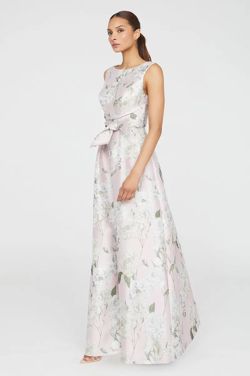 Elegant Gold Floral Jacquard Ball Gown with Bateau Neckline