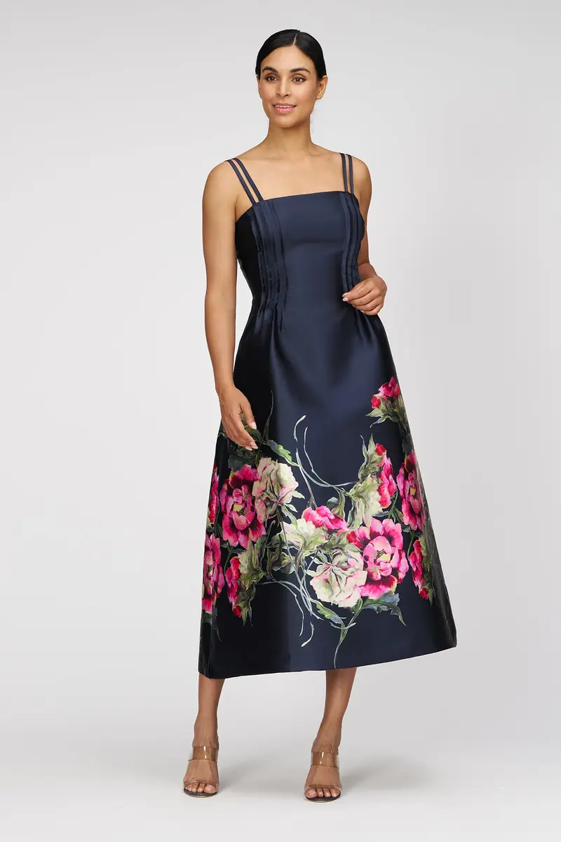 Elegant Rose-Print Tea-Length Sundress with Pintuck Detail