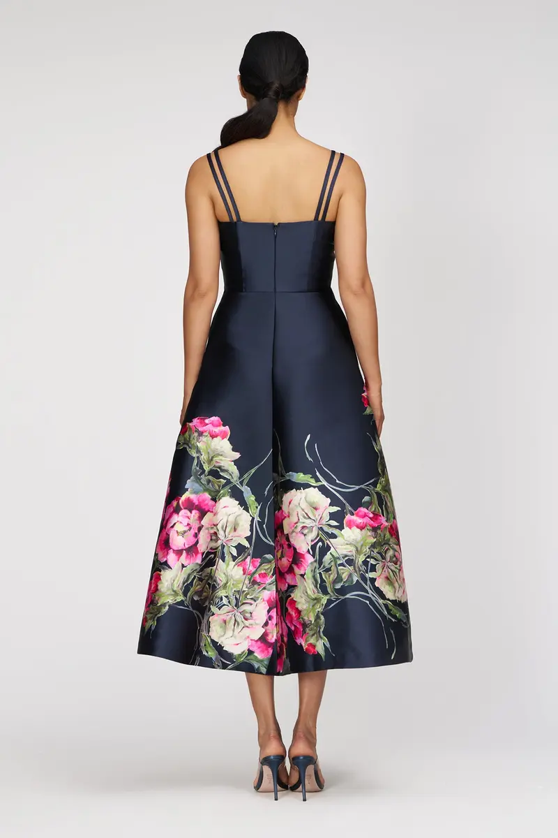 Elegant Rose-Print Tea-Length Sundress with Pintuck Detail 2