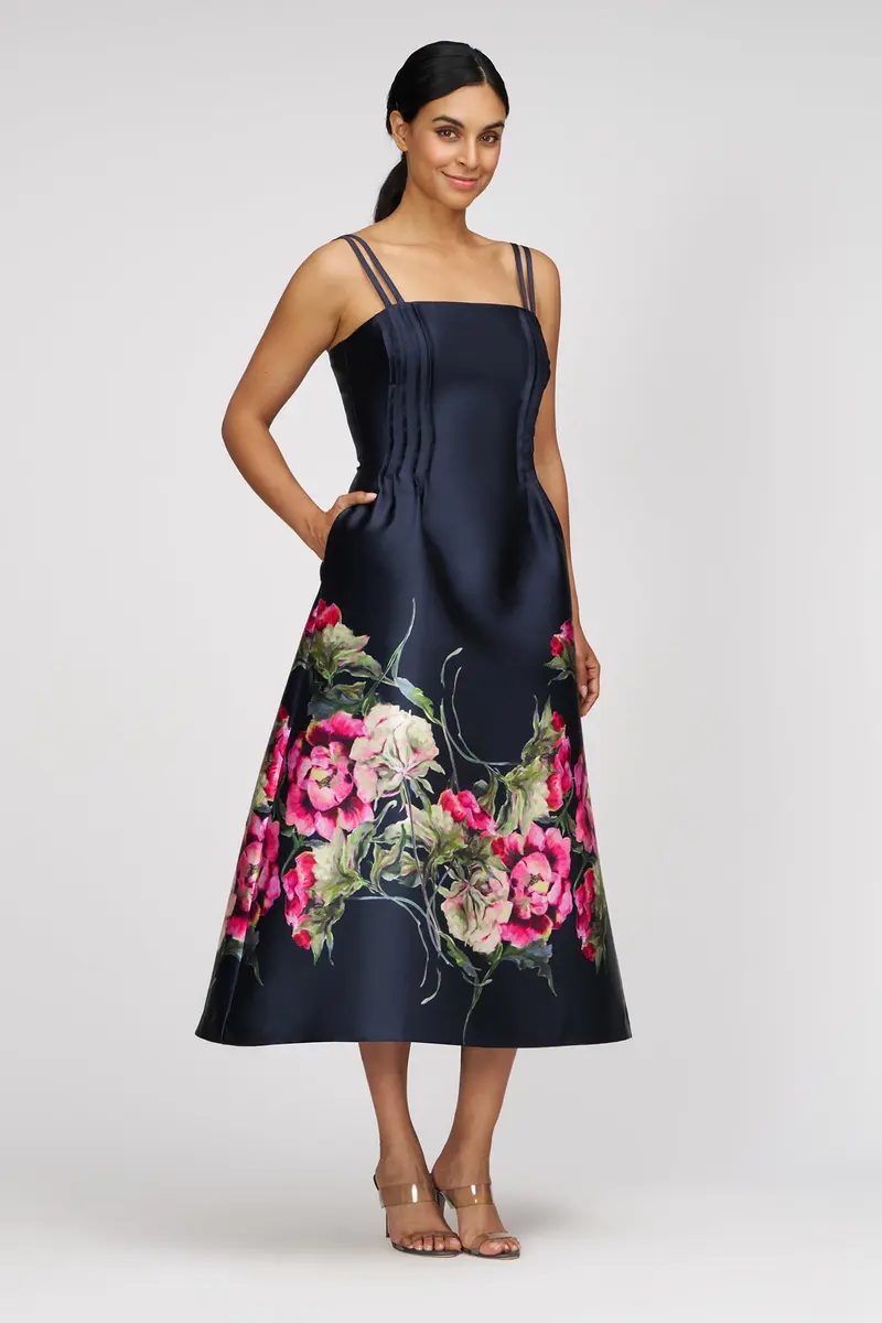 Elegant Rose-Print Tea-Length Sundress with Pintuck Detail
