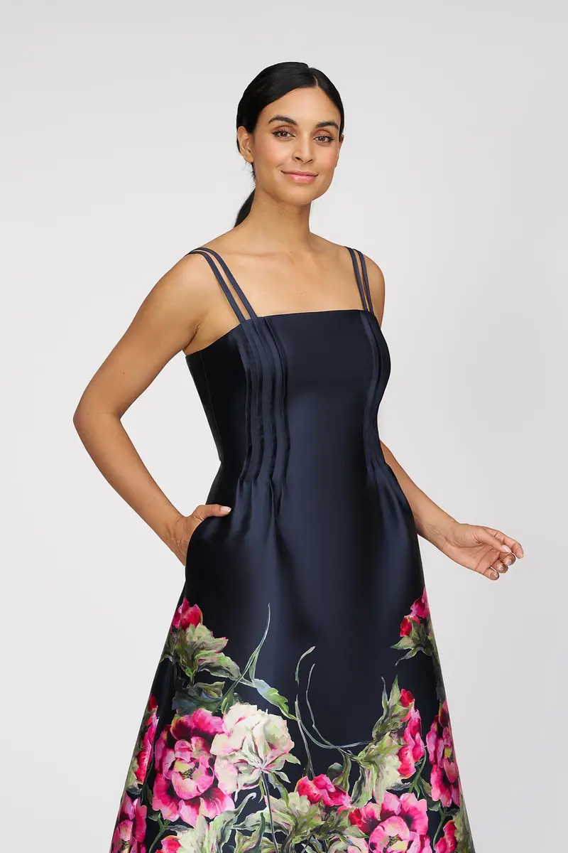 Elegant Rose-Print Tea-Length Sundress with Pintuck Detail