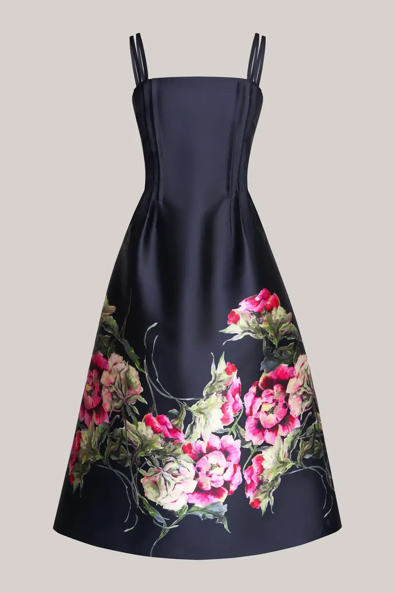 Elegant Rose-Print Tea-Length Sundress with Pintuck Detail