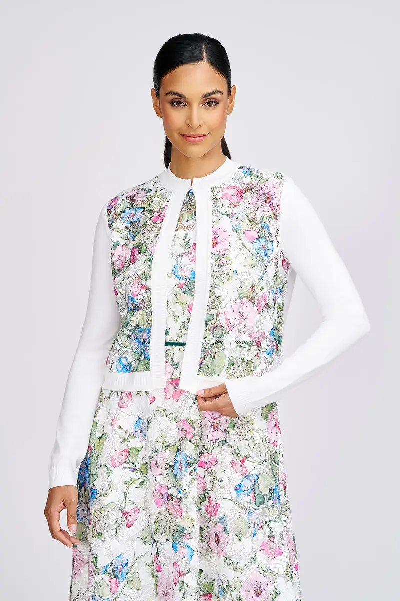 Elena Printed-Lace Trim Cardigan