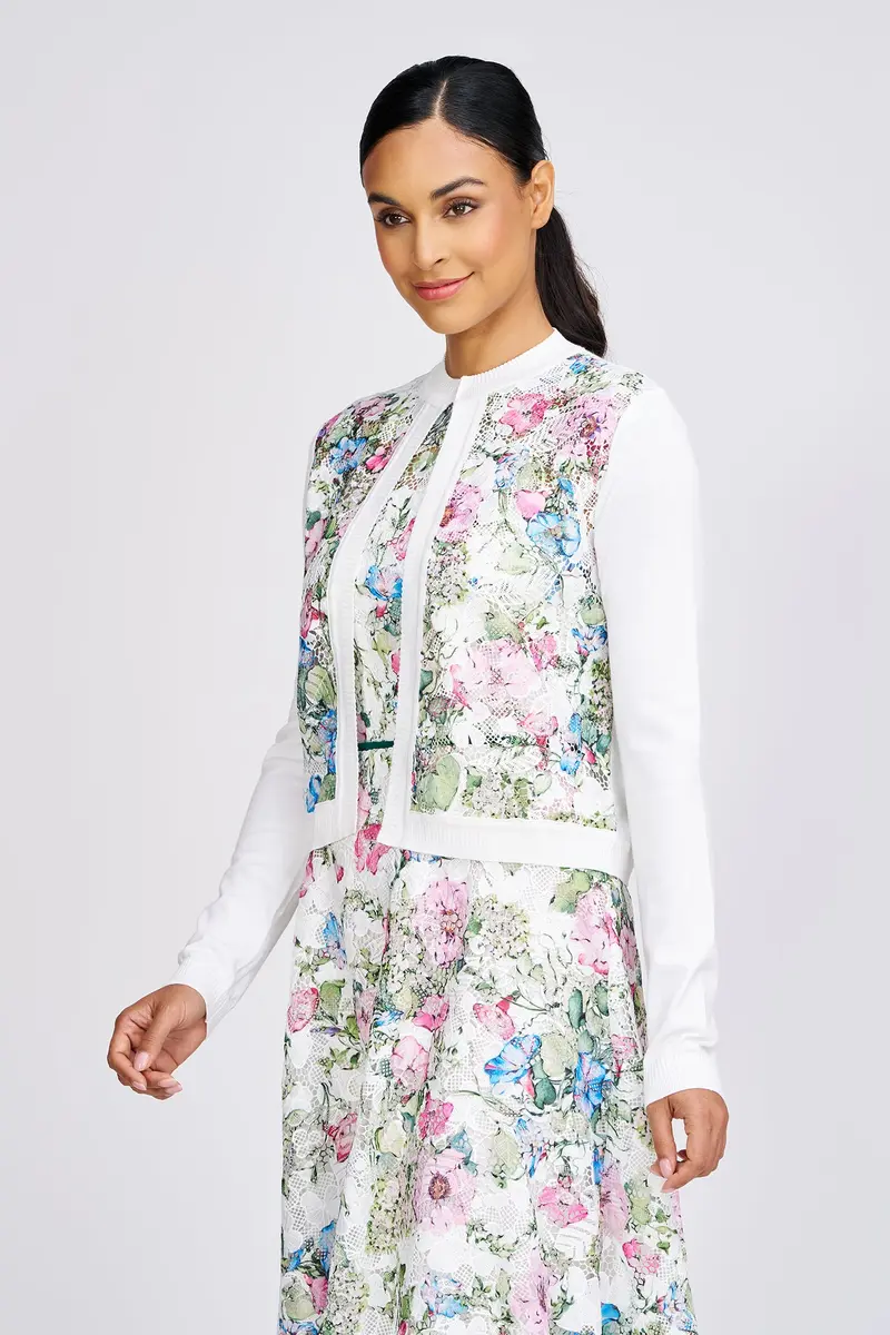 Elena Printed-Lace Trim Cardigan