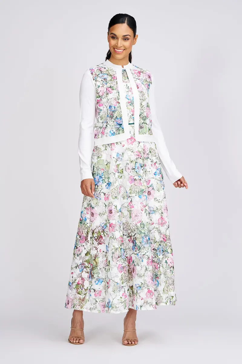 Elena Printed-Lace Trim Cardigan