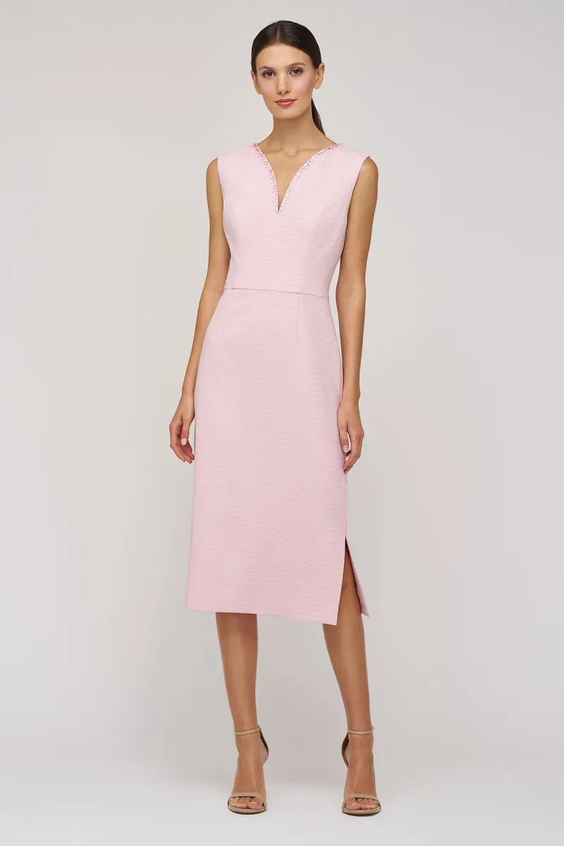 Elliana Beaded Swan-Neck Midi Dress in Stretch Bouclé