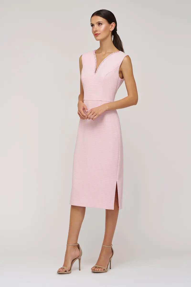 Elliana Beaded Swan-Neck Midi Dress in Stretch Bouclé