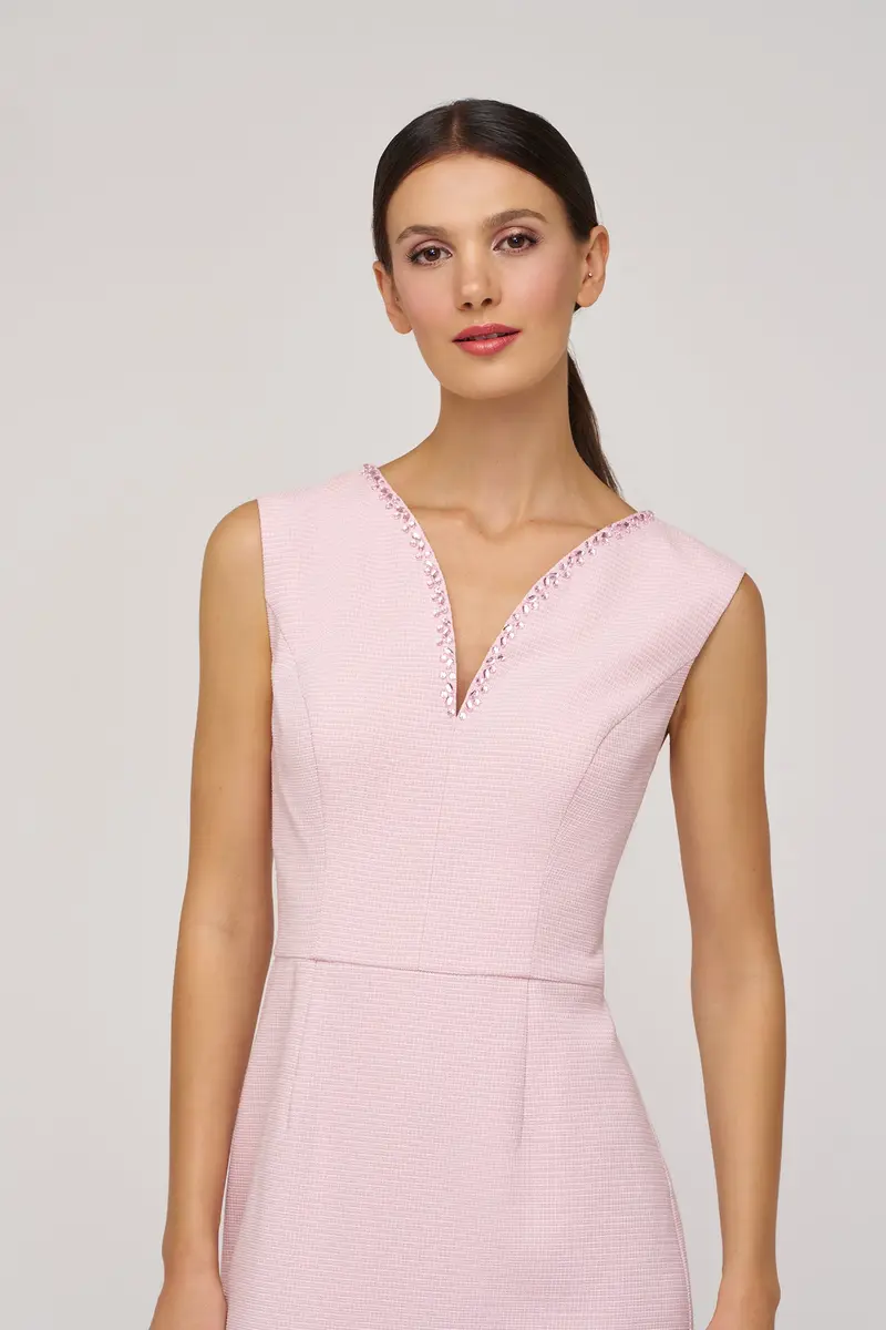 Elliana Beaded Swan-Neck Midi Dress in Stretch Bouclé