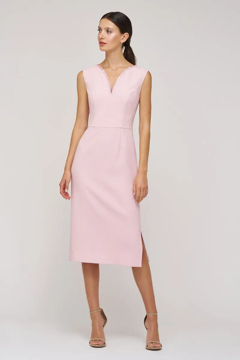 Elliana Beaded Swan-Neck Midi Dress in Stretch Bouclé