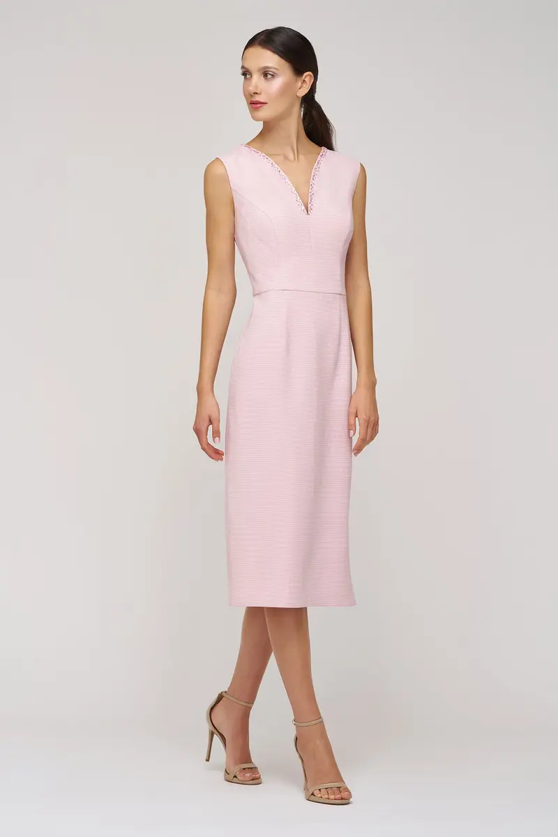 Elliana Beaded Swan-Neck Midi Dress in Stretch Bouclé