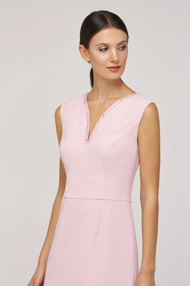 Elliana Beaded Swan-Neck Midi Dress in Stretch Bouclé