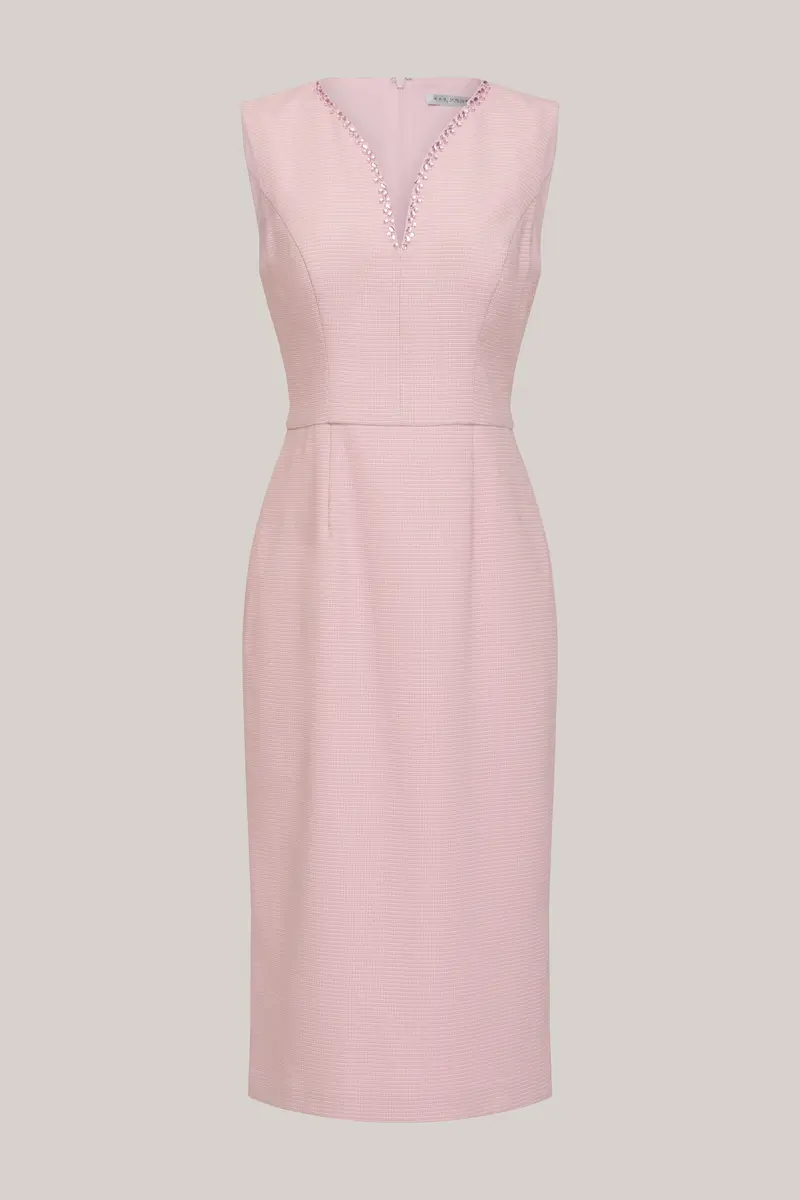Elliana Beaded Swan-Neck Midi Dress in Stretch Bouclé