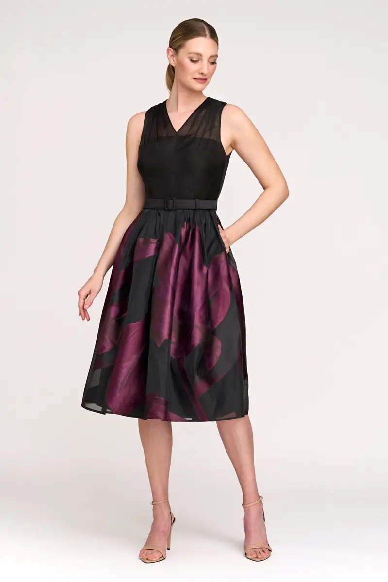 Ellis Floral Organza Halter Midi Dress with Pleated Skirt