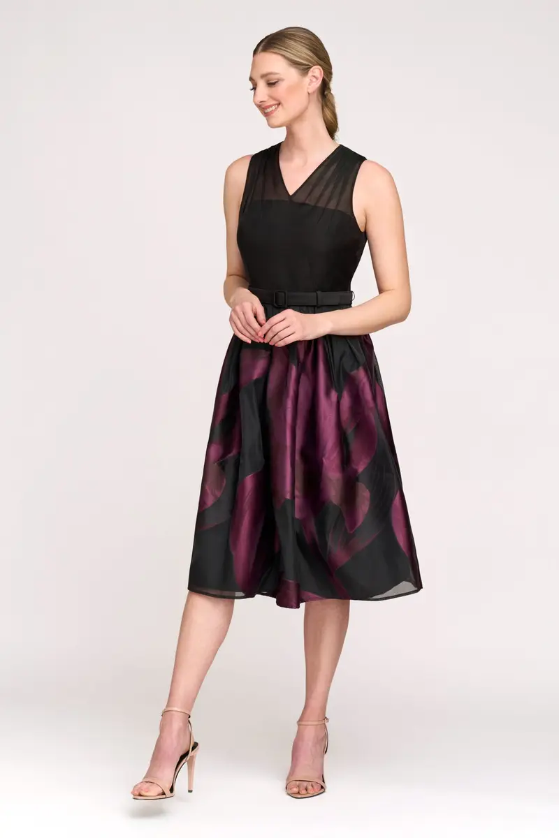 Ellis Floral Organza Halter Midi Dress with Pleated Skirt