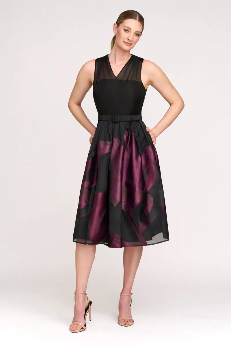 Ellis Floral Organza Halter Midi Dress with Pleated Skirt