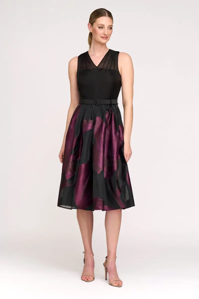 Ellis Floral Organza Halter Midi Dress with Pleated Skirt