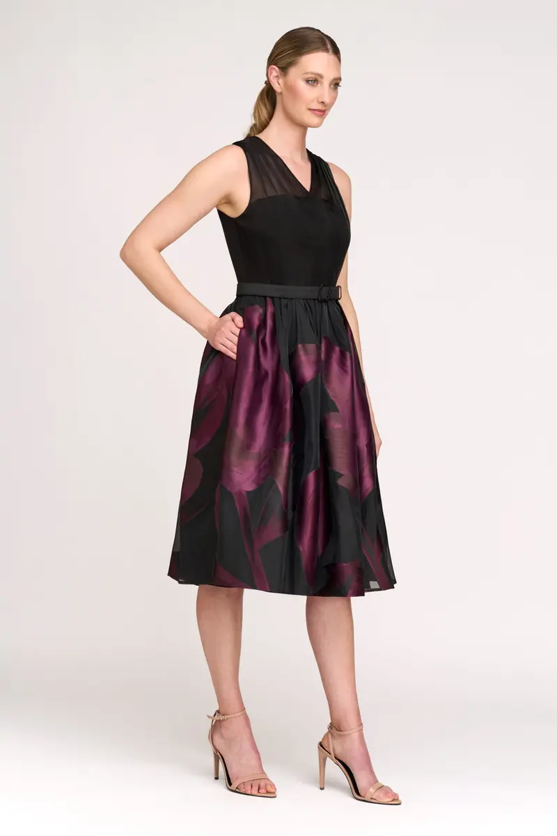 Ellis Floral Organza Halter Midi Dress with Pleated Skirt
