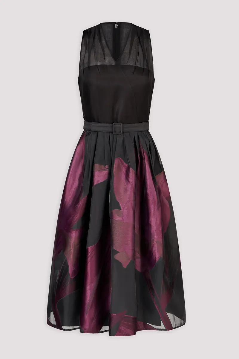 Ellis Floral Organza Halter Midi Dress with Pleated Skirt