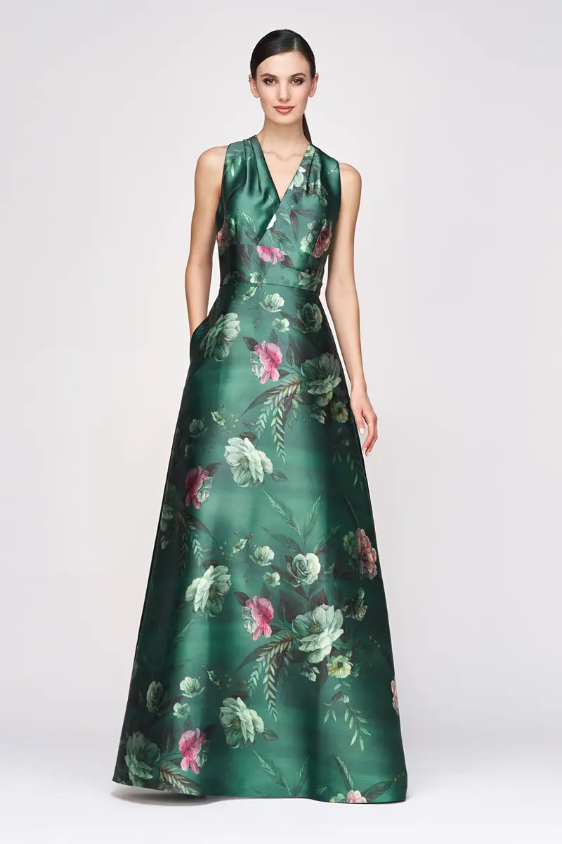 Emerald Mikado Ballgown with Painterly Rose Bouquet Print